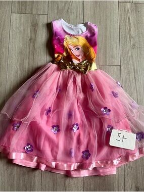 Girls Disney Sleeping Beauty Pink Princess Tulle Dress with Gold Bow